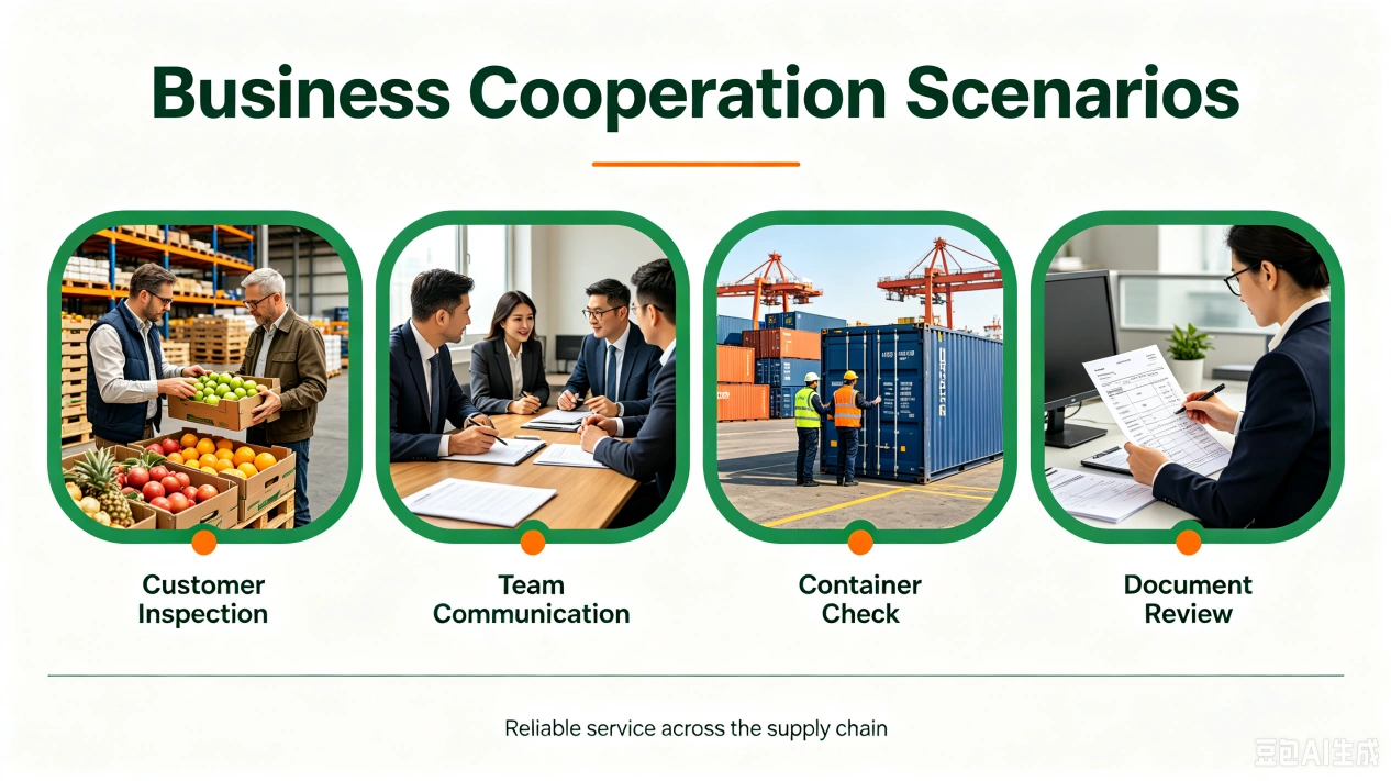 Illustrated cooperation scenarios: customer inspection, team communication, container check and document review