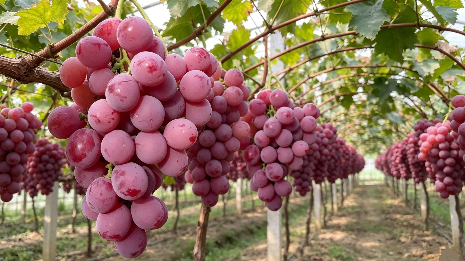 Rows of ripe red table grapes growing beneath vineyard trellises