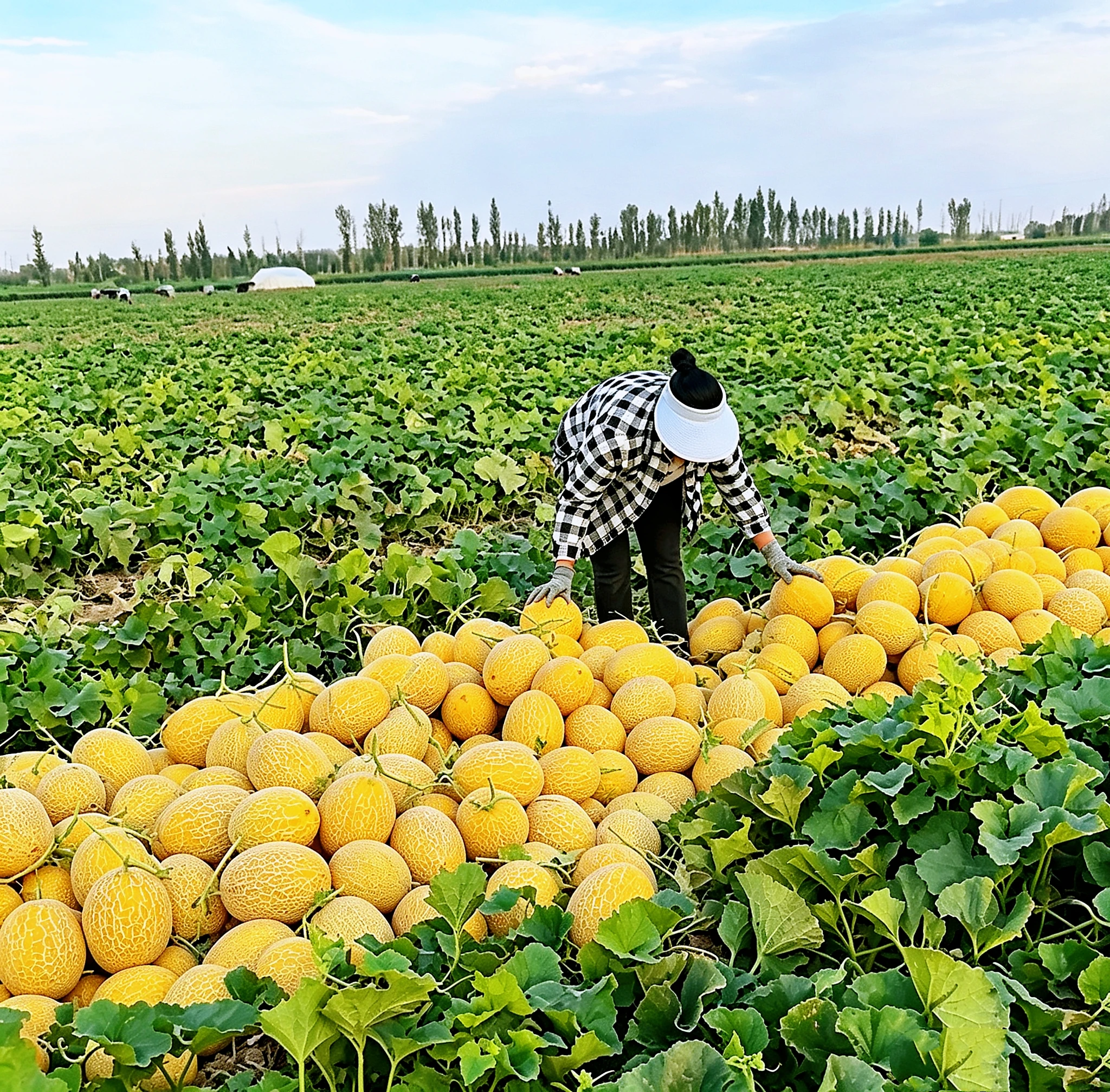 A worker harvesting Hami melons across a wide production field
